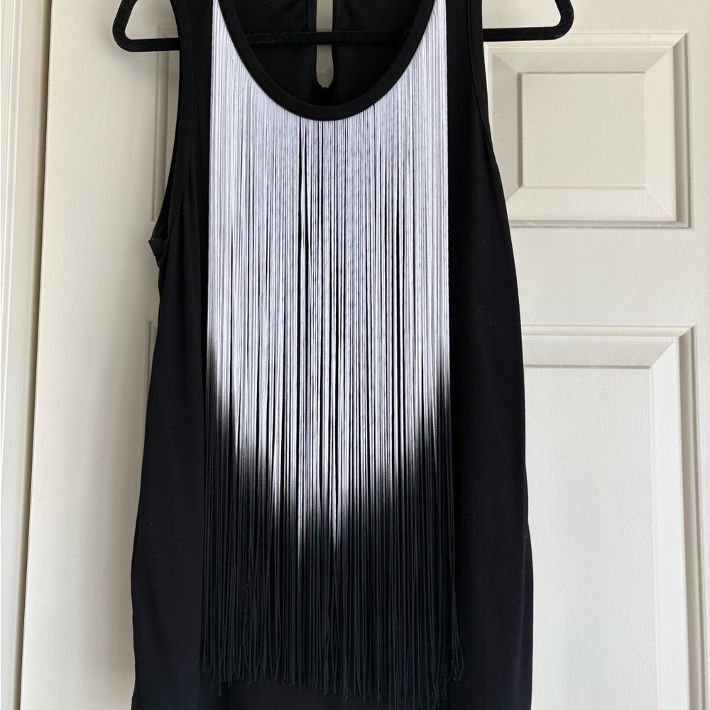 Kim & Cami Black and White Fringe Ombre Tank Top